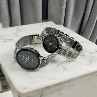 Silver Chain With Black Dial Couples Watch